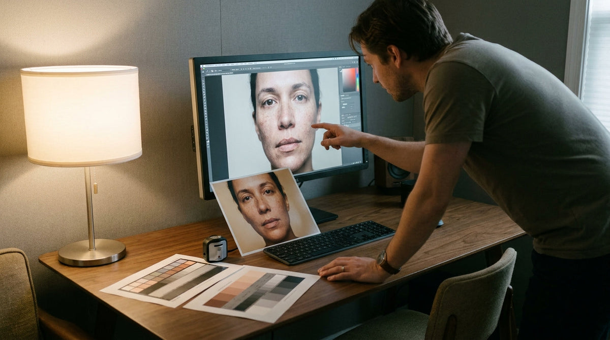 Photographer comparing skin tones on a monitor versus a print under studio lighting, with a colorimeter on the desk
