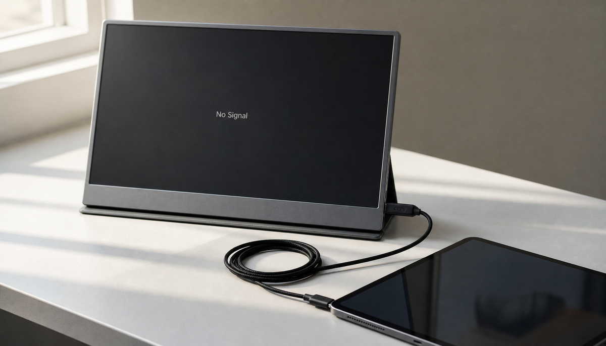 Portable monitor showing No Signal message on a desk next to a tablet connected by a USB-C cable