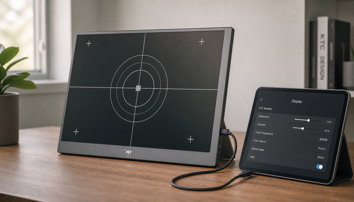 Portable touchscreen monitor displaying a calibration crosshair next to a tablet on a clean desk, ready for touch accuracy calibration