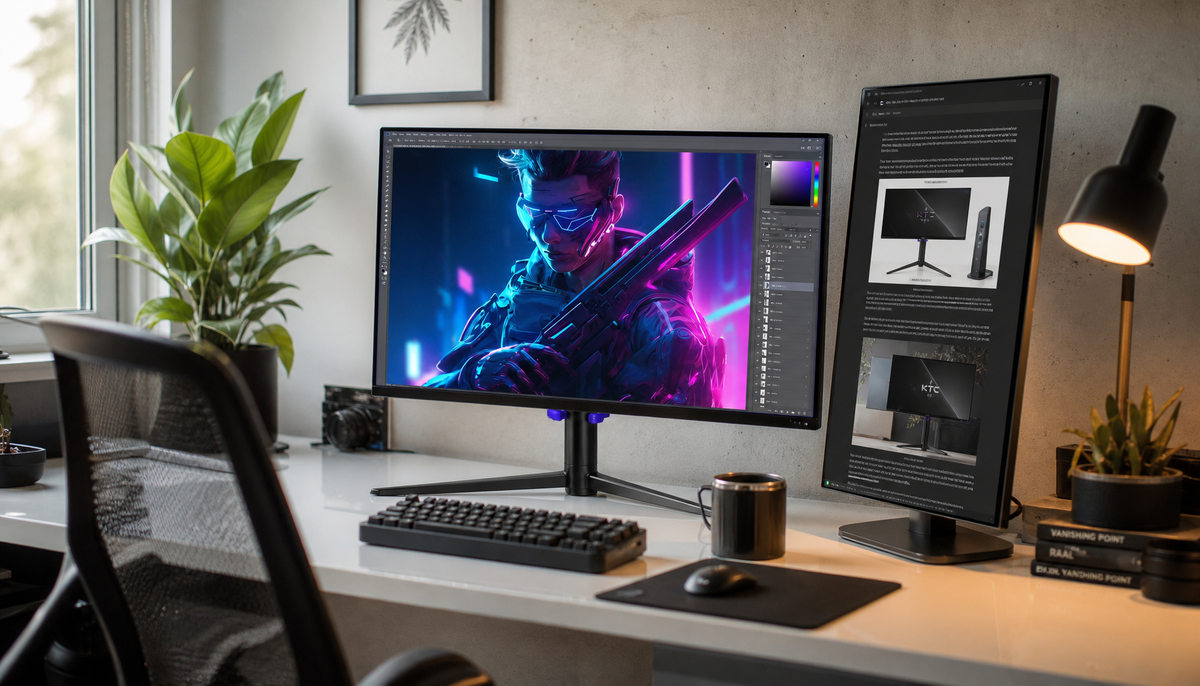 Portrait and landscape monitor dual setup on a modern home office desk for reading and design work