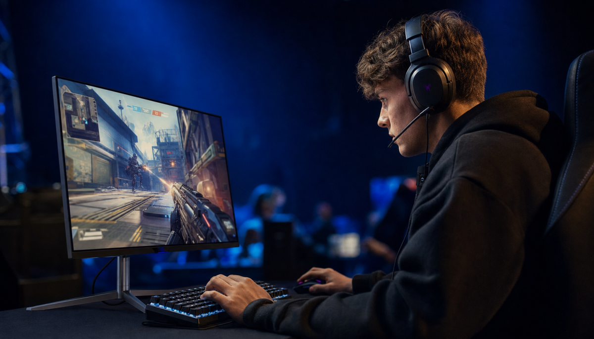 Professional esports player competing at a 240Hz gaming monitor setup in a dark arena environment