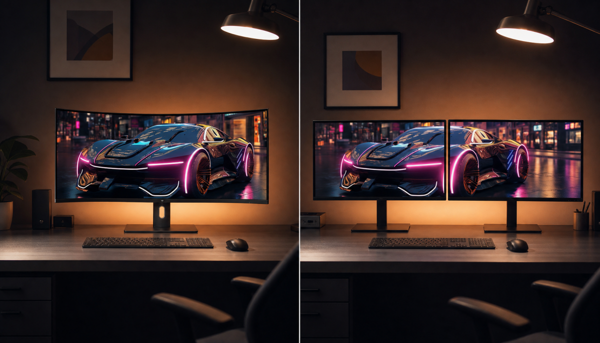 Side-by-side comparison of a curved ultrawide monitor and dual flat monitor desk setup