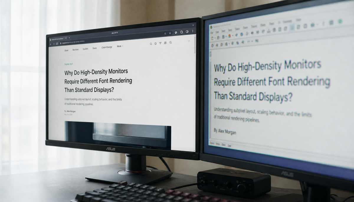 Side-by-side view of a desktop monitor showing crisp text in one app and blurry text in another on the same screen
