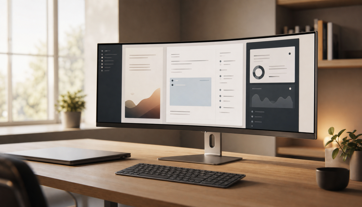 Single ultrawide monitor on a clean minimal home office desk replacing a dual-monitor setup in 2026