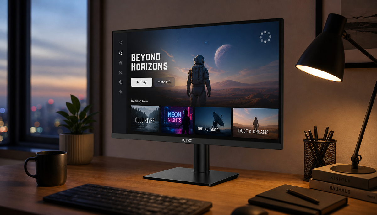 Smart monitor on a home office desk showing a streaming app with a buffering spinner, warm desk lamp illumination