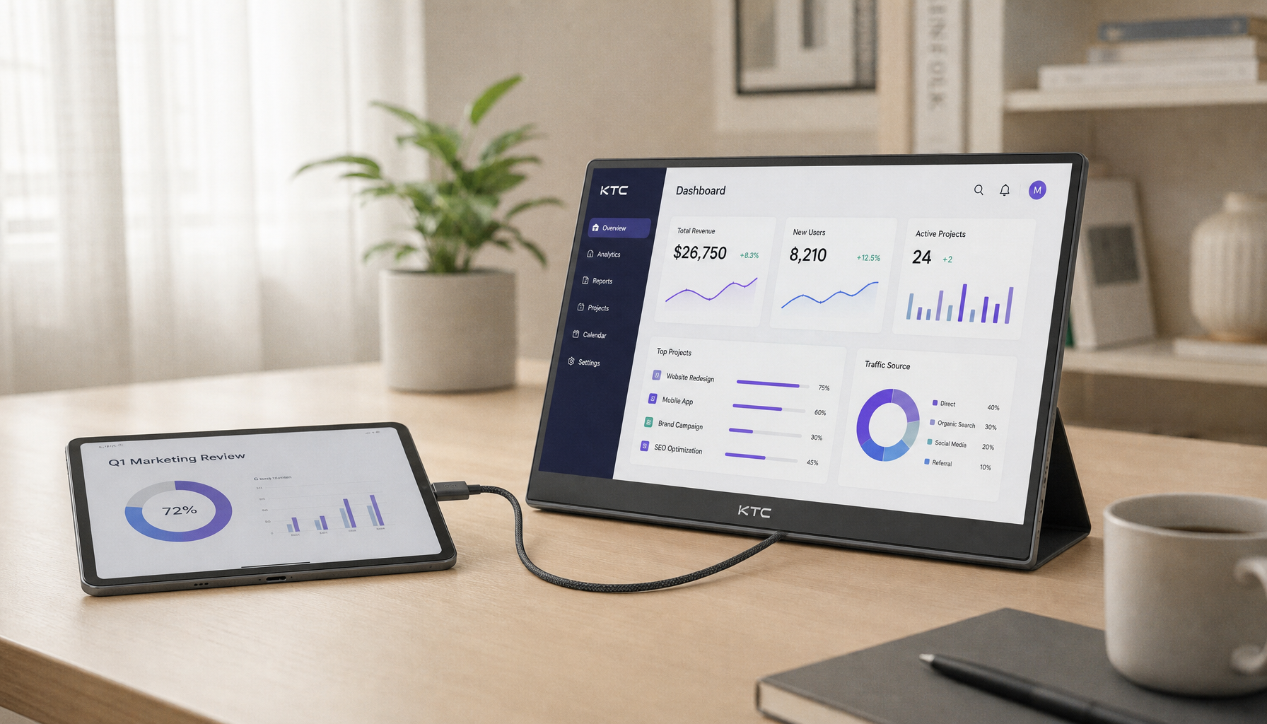 Tablet connected to a compact portable monitor via a single USB-C cable on a clean home office desk