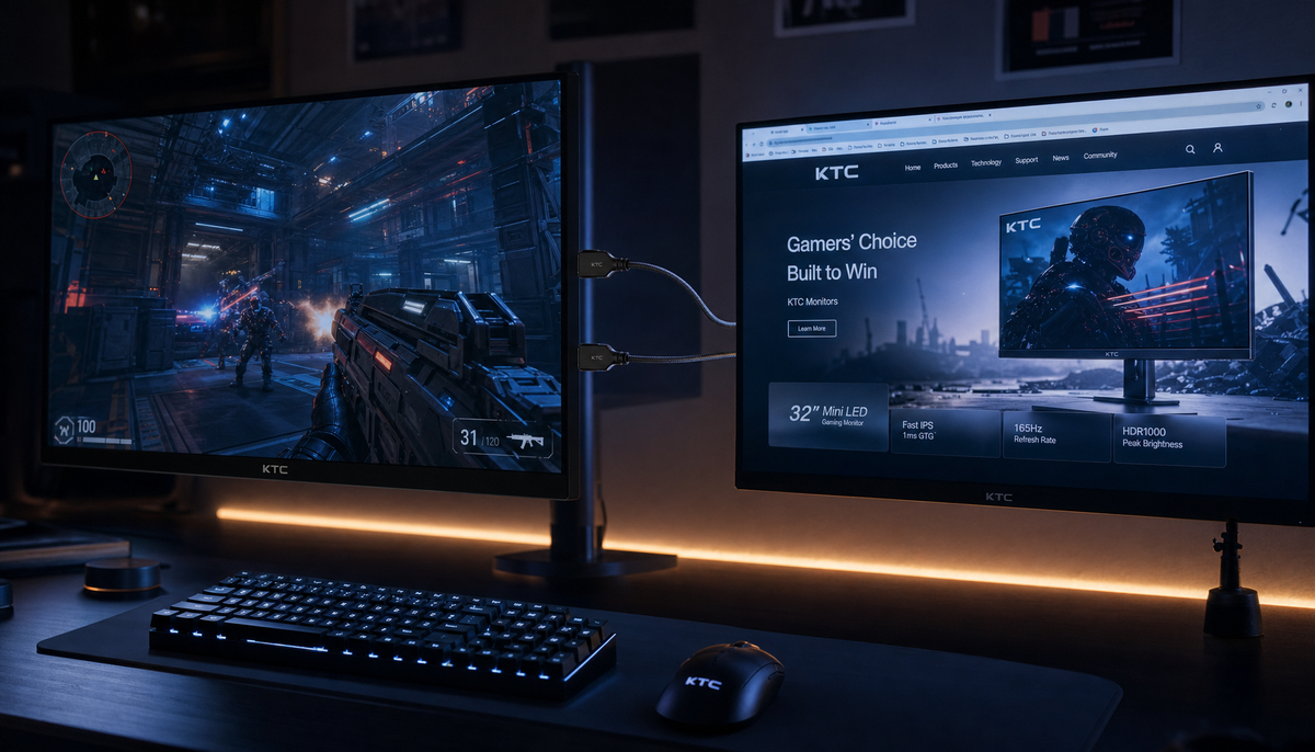 Two gaming monitors connected via DisplayPort cables on a dark gaming desk, showing the daisy-chain multi-monitor setup