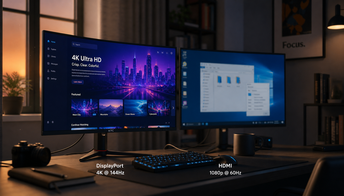 Two monitors on a desk showing the difference between DisplayPort and HDMI resolution output