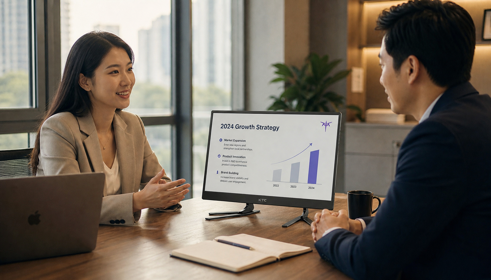 Two professionals reviewing a presentation on a portable monitor placed on a conference table during a client meeting
