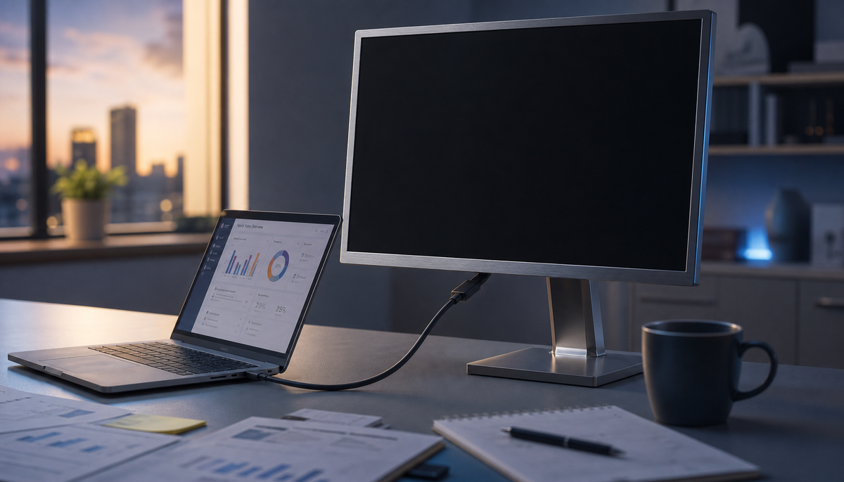 USB-C monitor connected to a laptop on a home office desk, showing a momentary disconnect during use