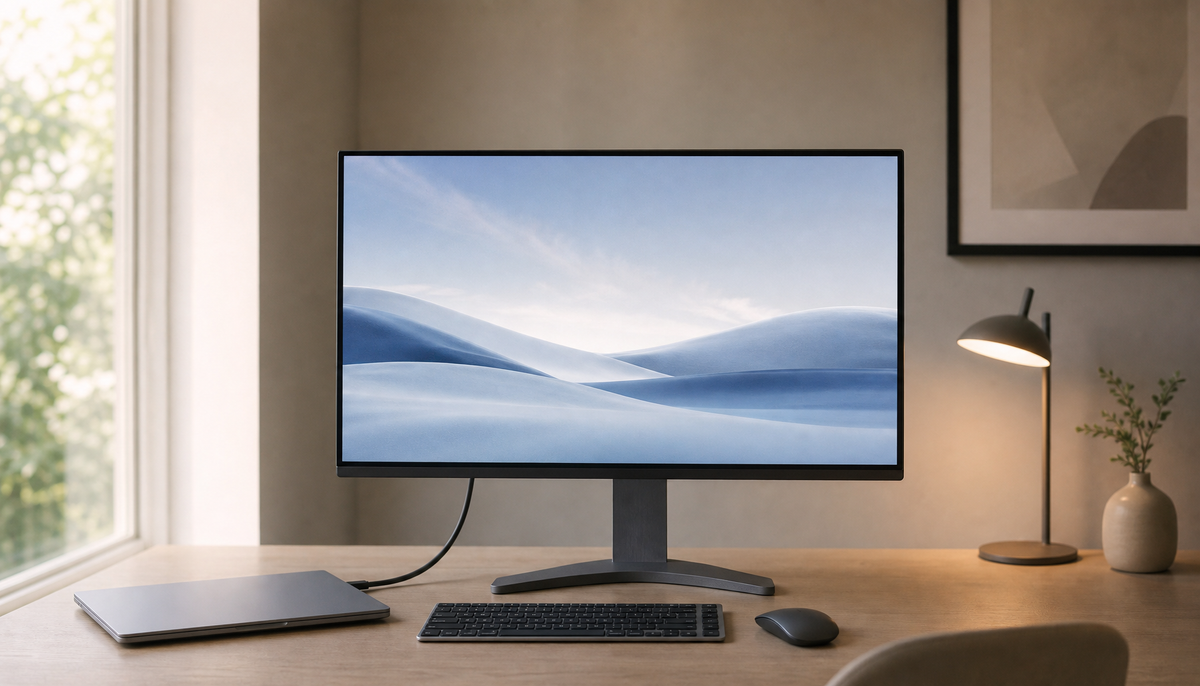 USB-C monitor connected to a laptop with a single cable on a clean home office desk