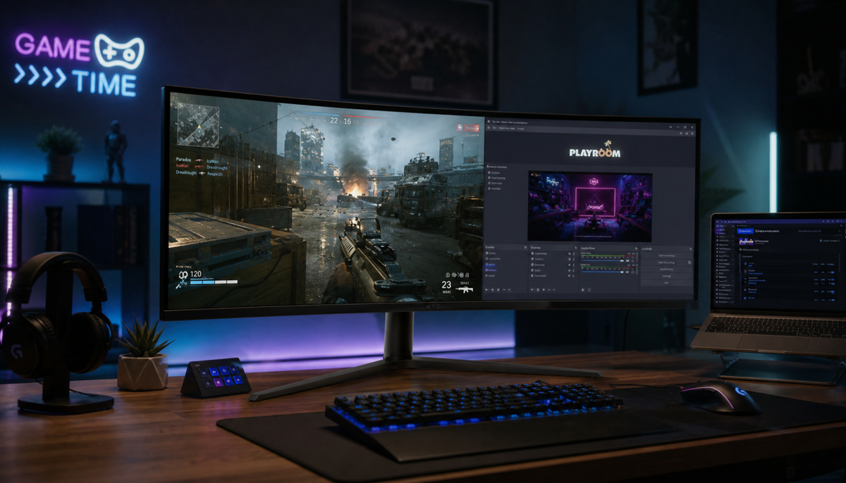 Ultrawide curved gaming monitor displaying Picture-in-Picture and Picture-by-Picture split-screen setup on a gaming desk