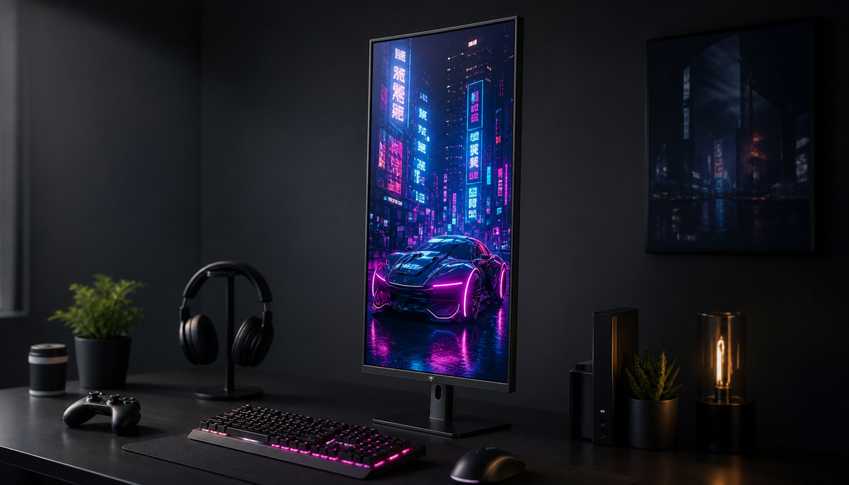 Ultrawide curved monitor rotated into portrait orientation on a gaming desk, showing the tall narrow workspace layout