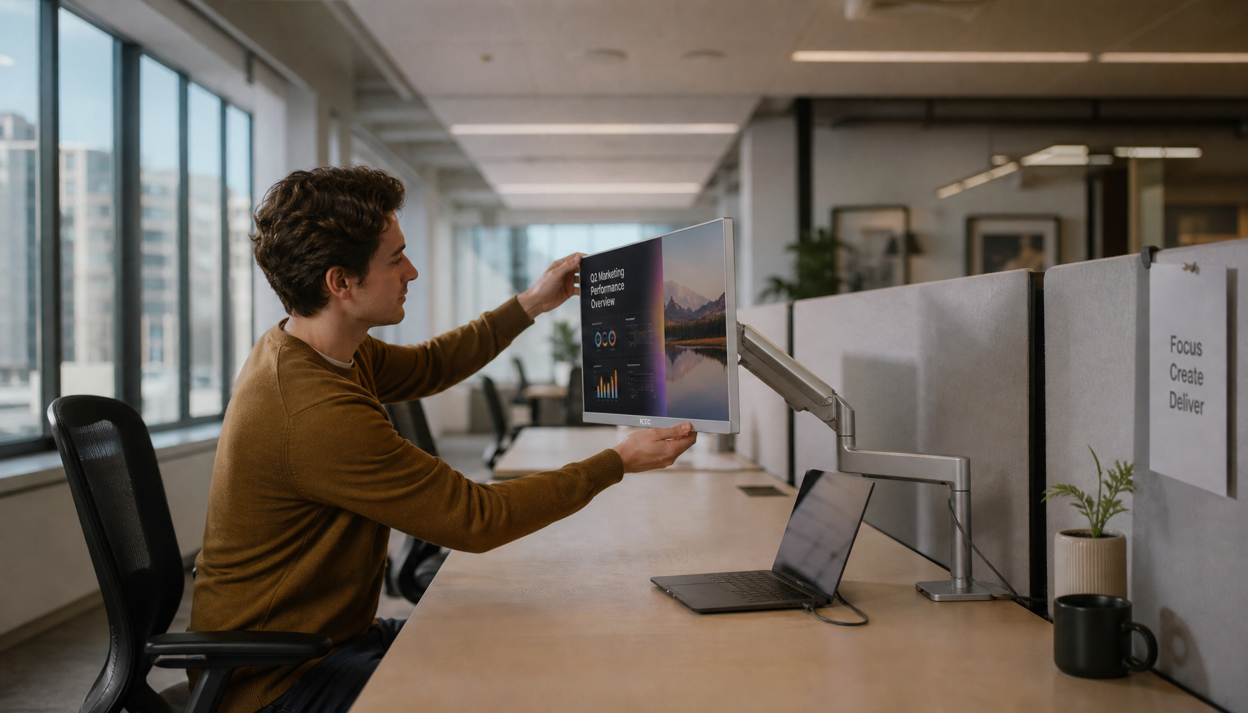 Worker adjusting a monitor at a shared hot desk in a modern open-plan office, preparing for a comfortable workday