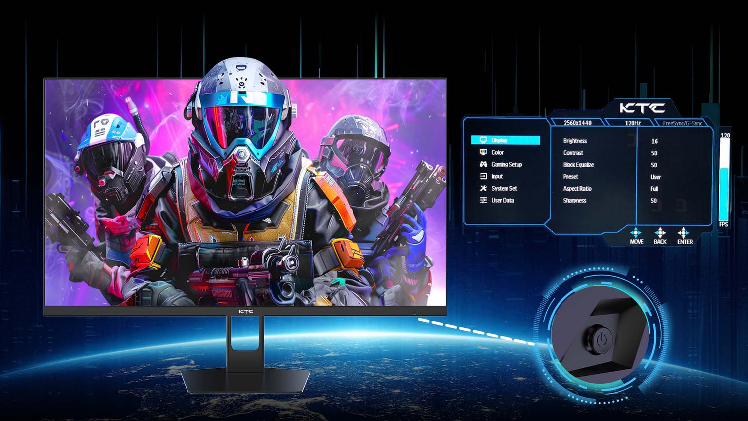 KTC gaming monitor with 2560x1440 resolution, 120Hz refresh rate, and customizable settings interface.