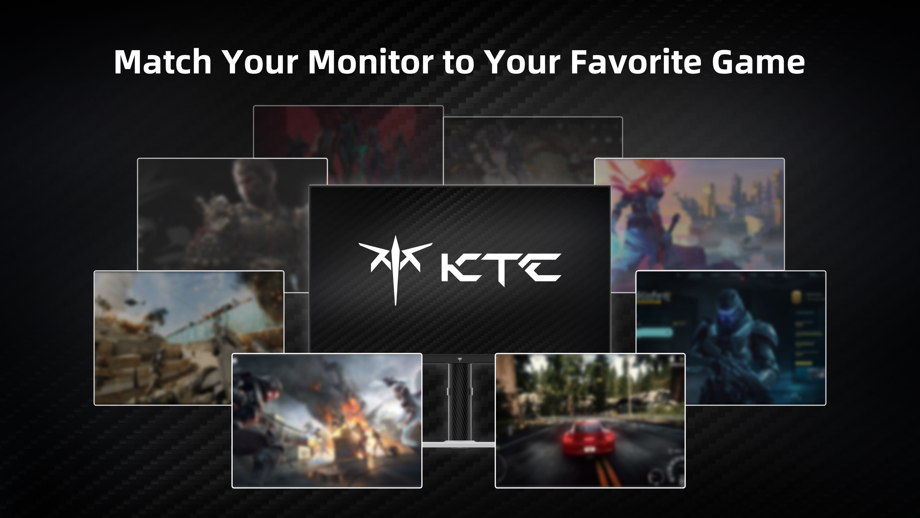 A collage of various video game scenes surrounding a central graphic with the KTC logo and the text "Match Your Monitor to Your Favorite Game."