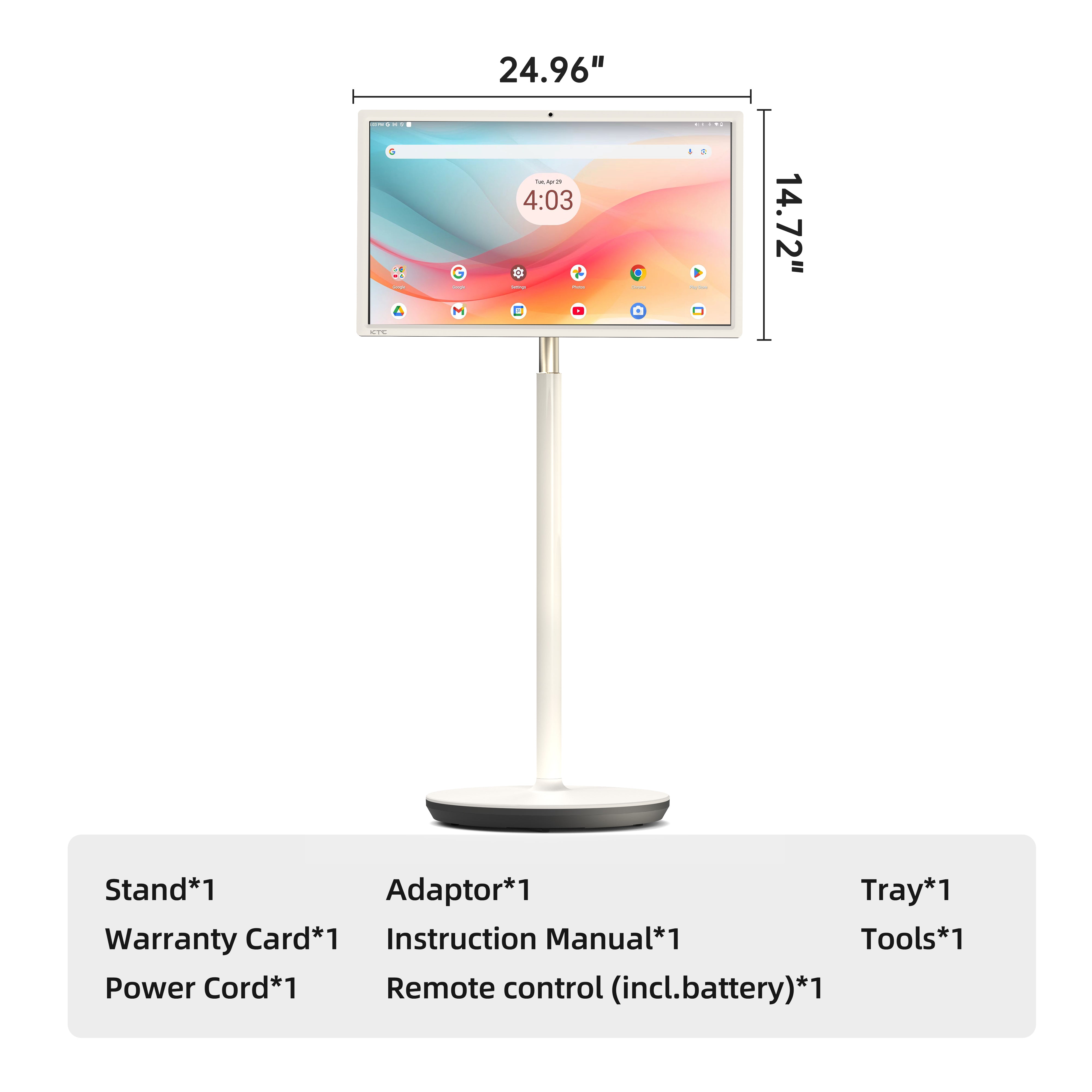KTC 27" Mobile Touch Screen Monitor, white, showing Google apps, with stand and included accessories for home and travel use.