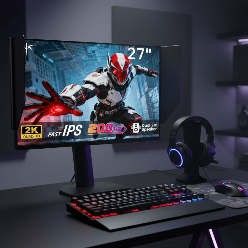 Gaming setup with monitor, keyboard, mouse, and headphones on a desk.