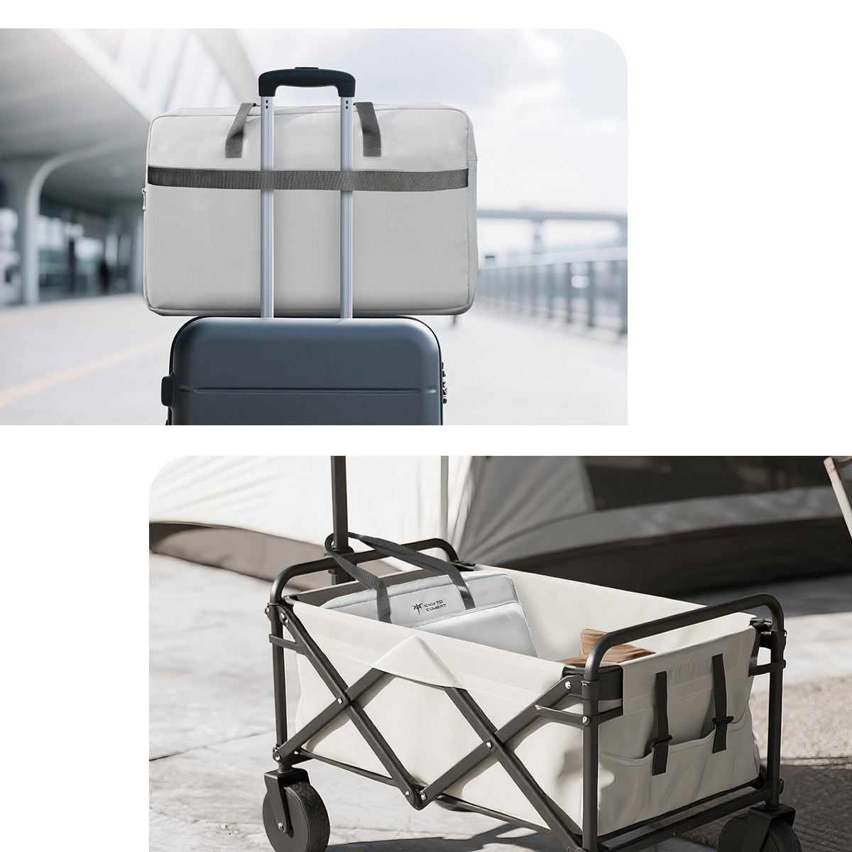 KTC travel bag and portable monitor setup: gray bag on luggage, and in folding cart