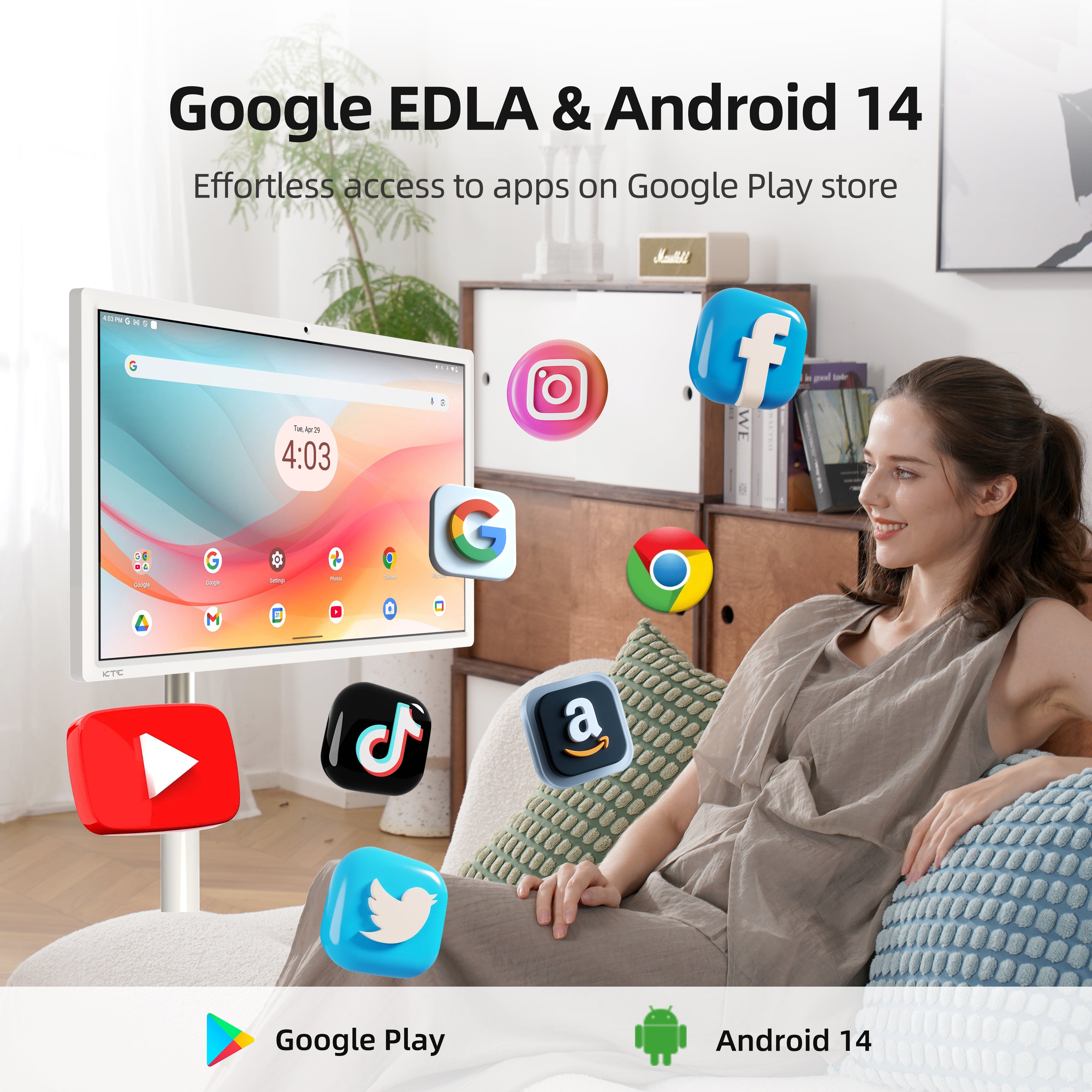 KTC 27" touchscreen monitor with Google EDLA & Android 14. Woman accessing apps from Google Play.