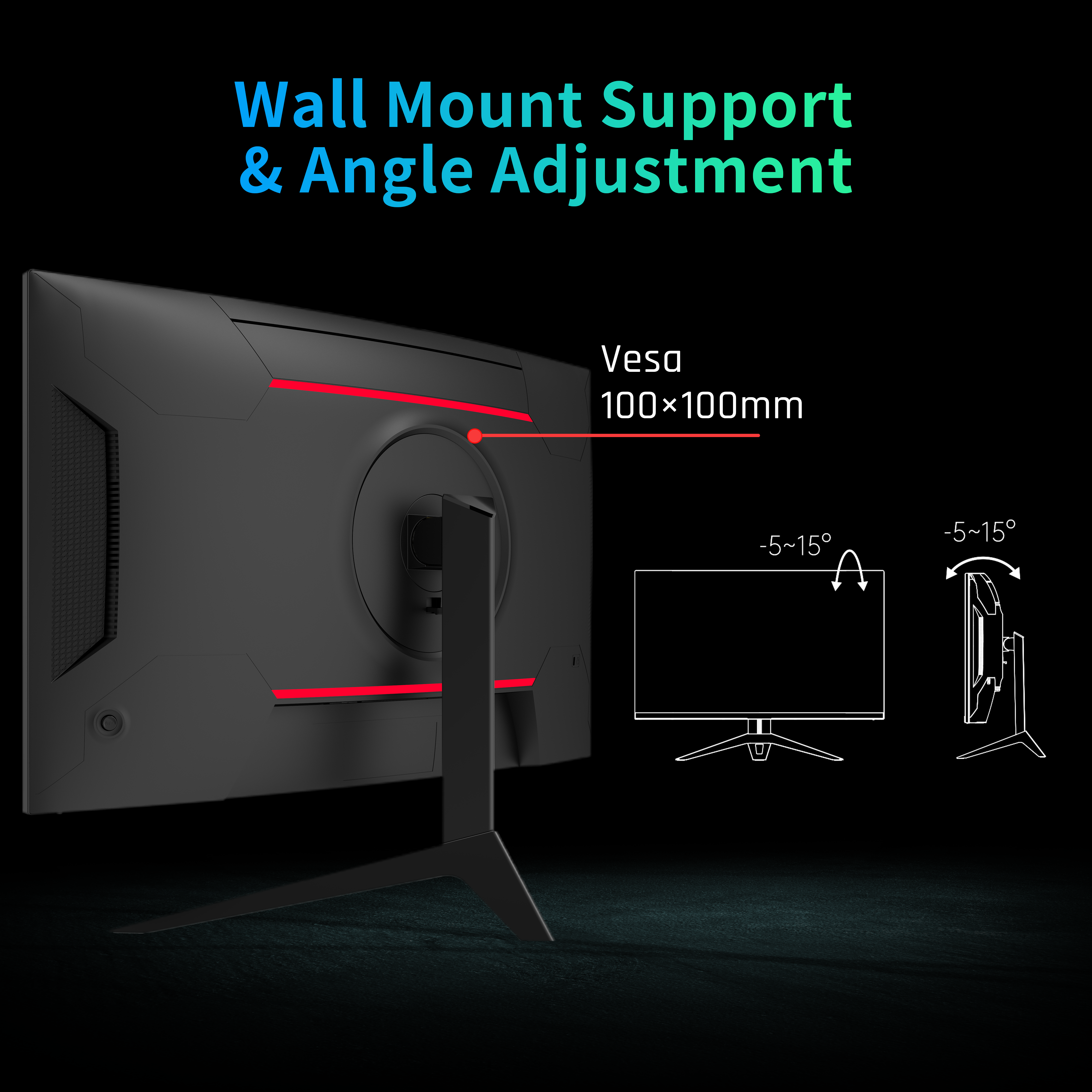KTC 27" gaming monitor with wall mount and angle adjustment support for esports. Tilt range: -5~15掳