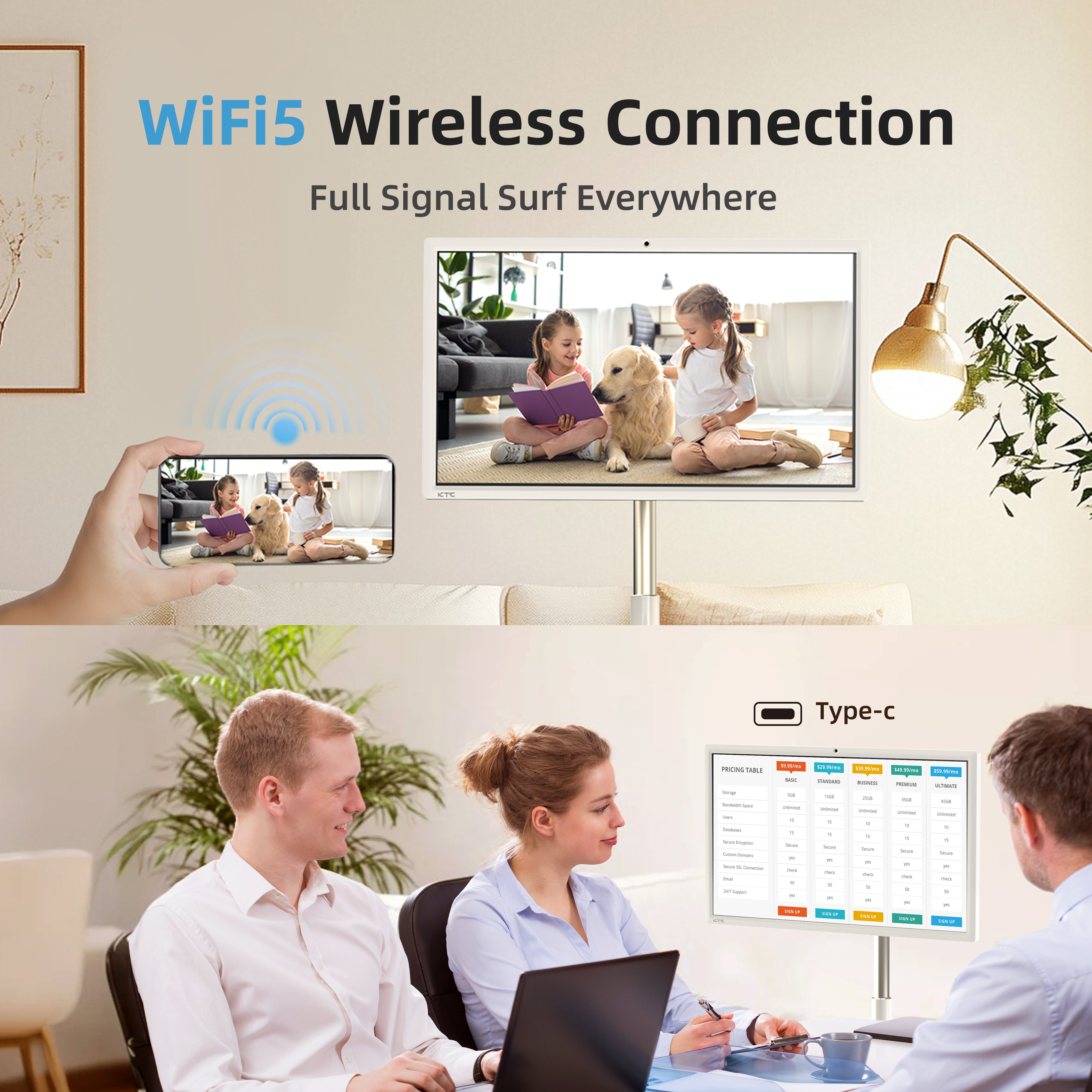 KTC 27" Mobile Touch Screen Monitor with WiFi 5 & Type-C, displaying content and pricing table.
