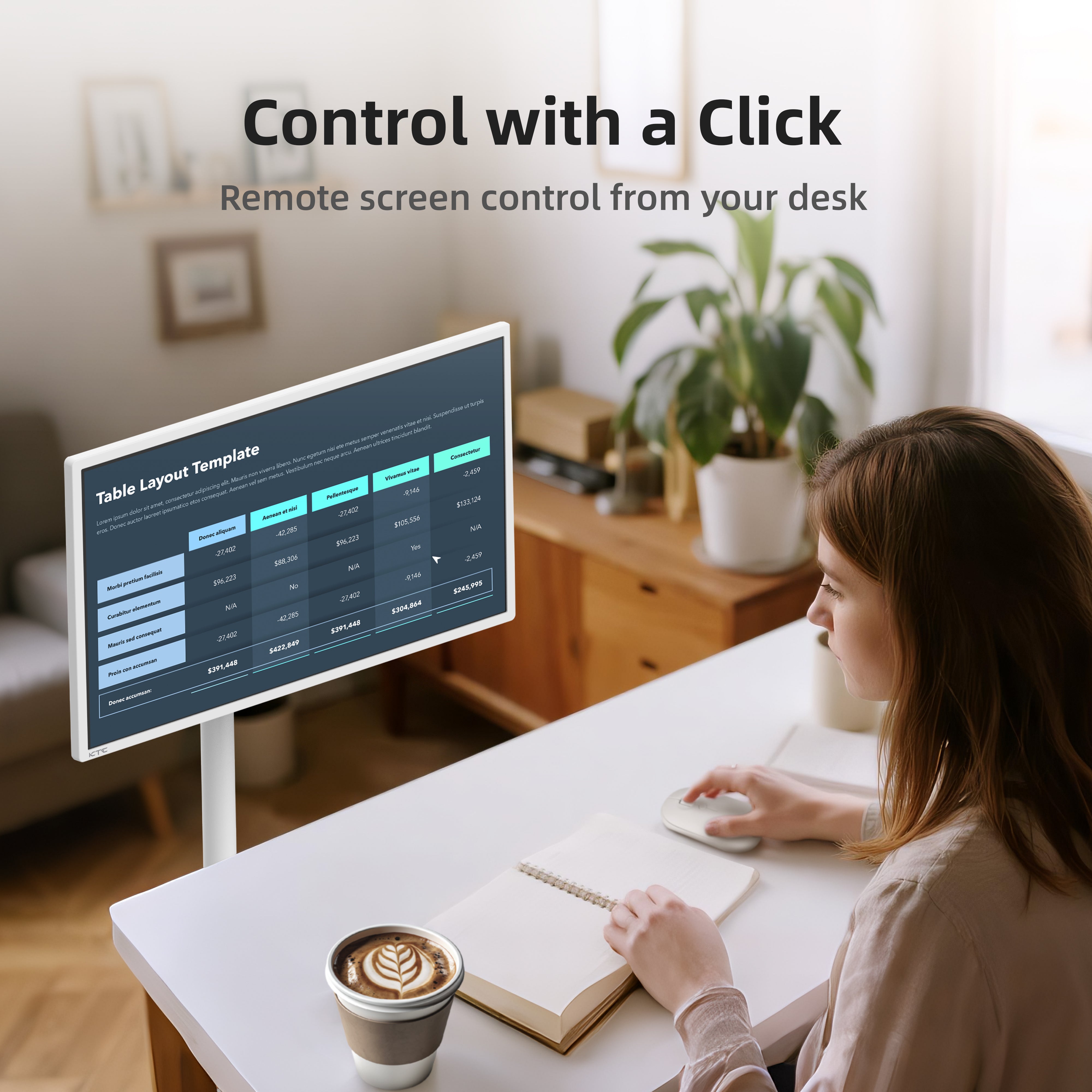 KTC 4K touchscreen monitor showcasing remote screen control, Google EDLA, for home office use, woman using mouse