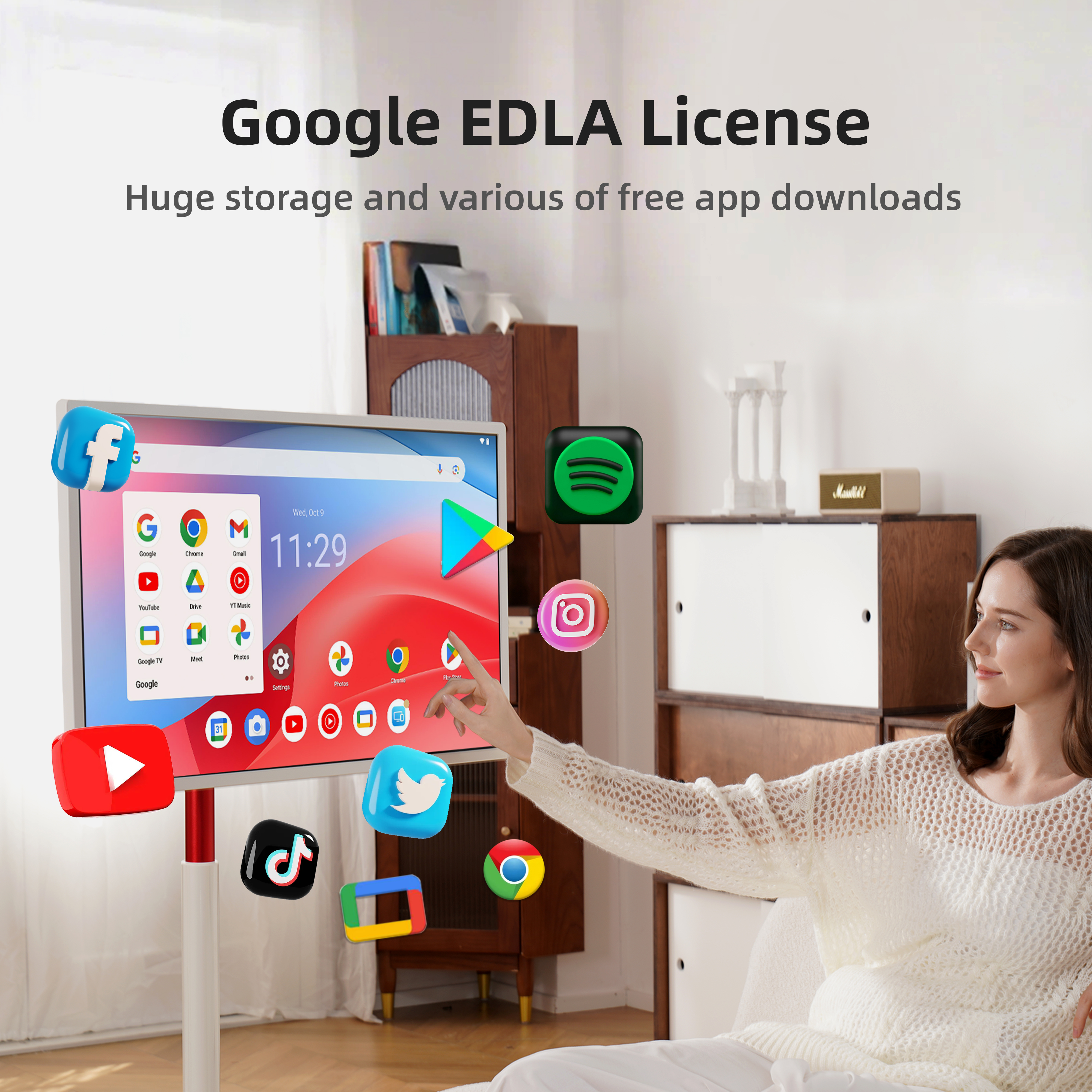 KTC 32" 4K touchscreen monitor with Google EDLA certification, showcasing apps and large storage for home use.