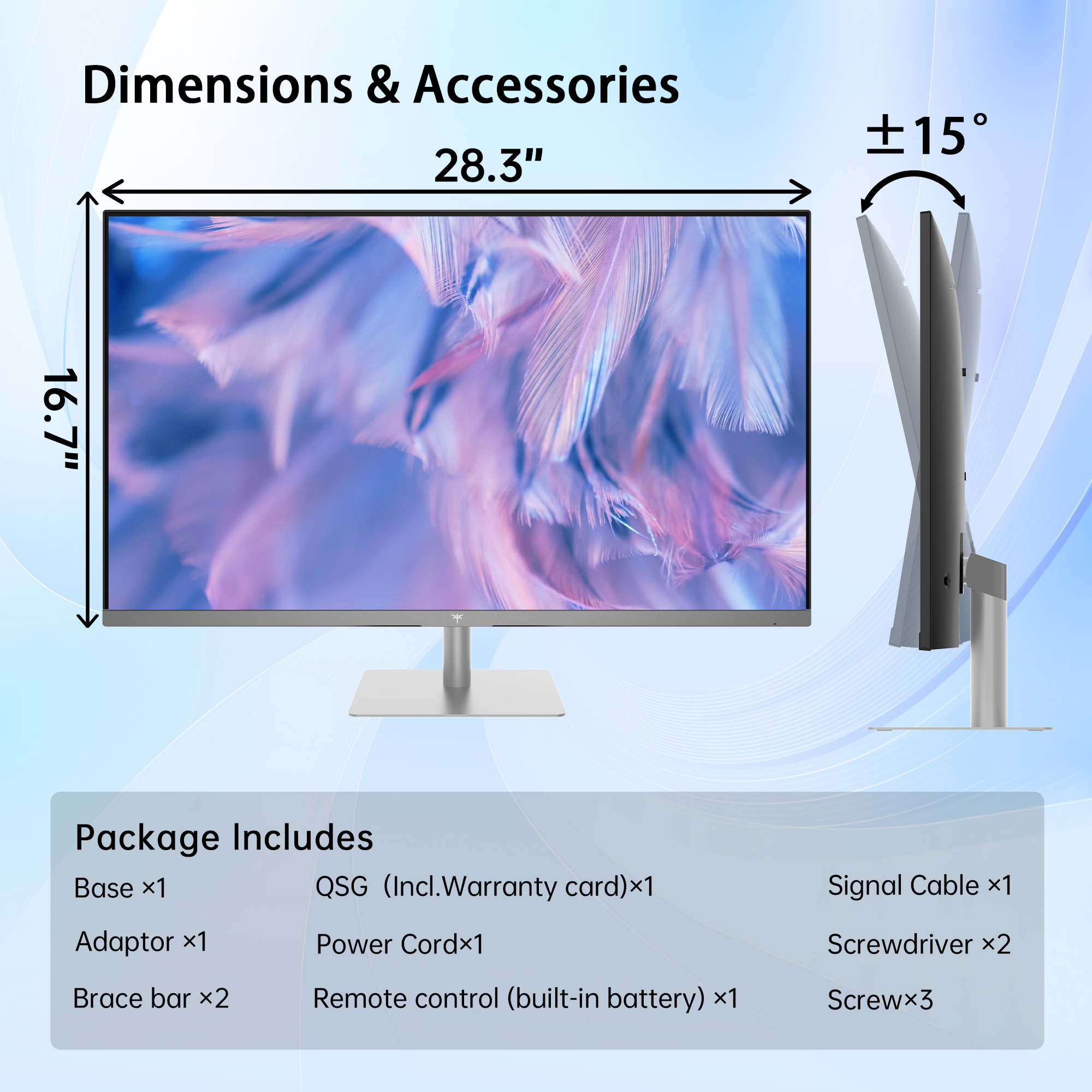 KTC 32" 4K Smart Monitor dimensions and accessories, including stand, cables, and remote.