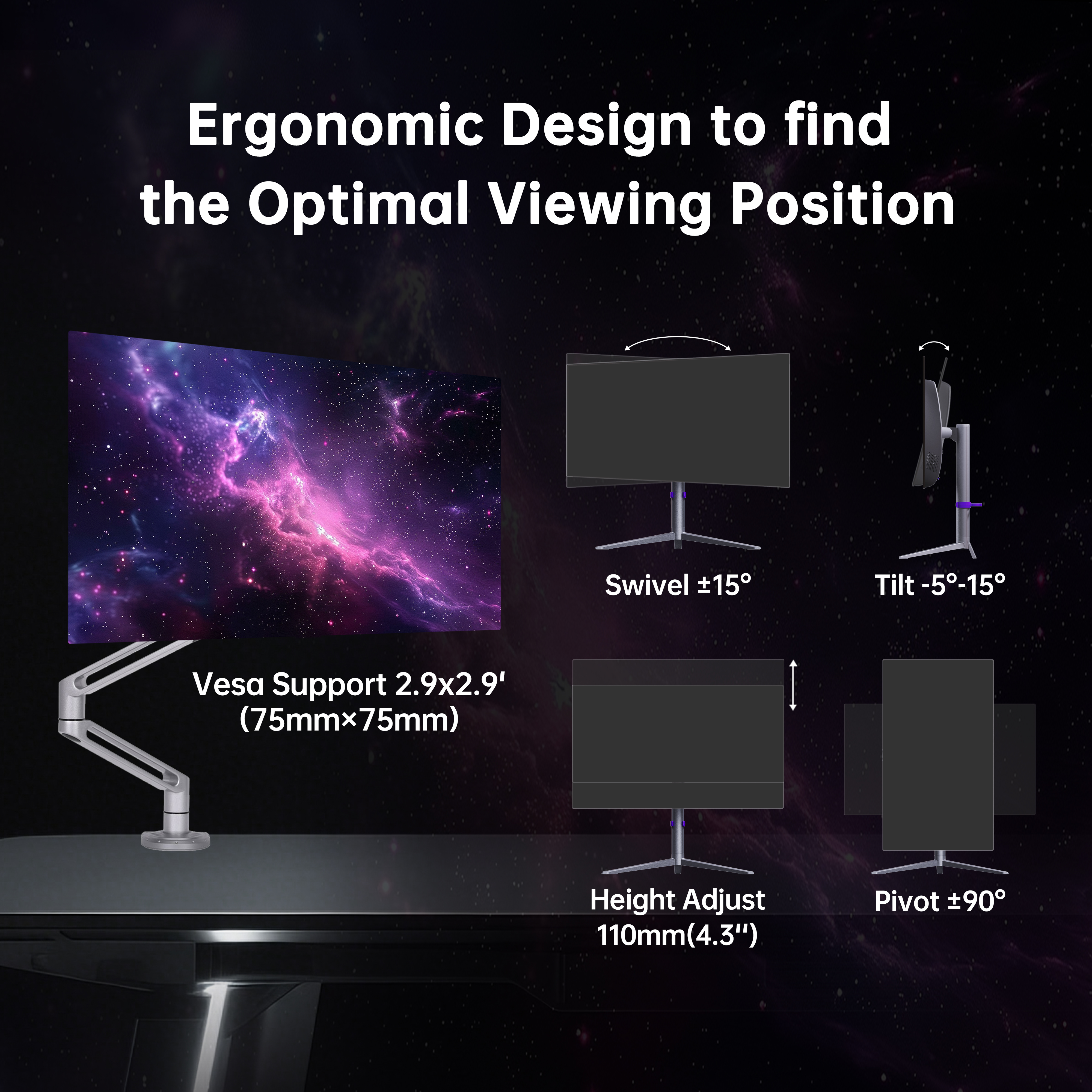 KTC OLED gaming monitor with ergonomic design, featuring adjustable swivel, tilt, height, and pivot for optimal viewing.