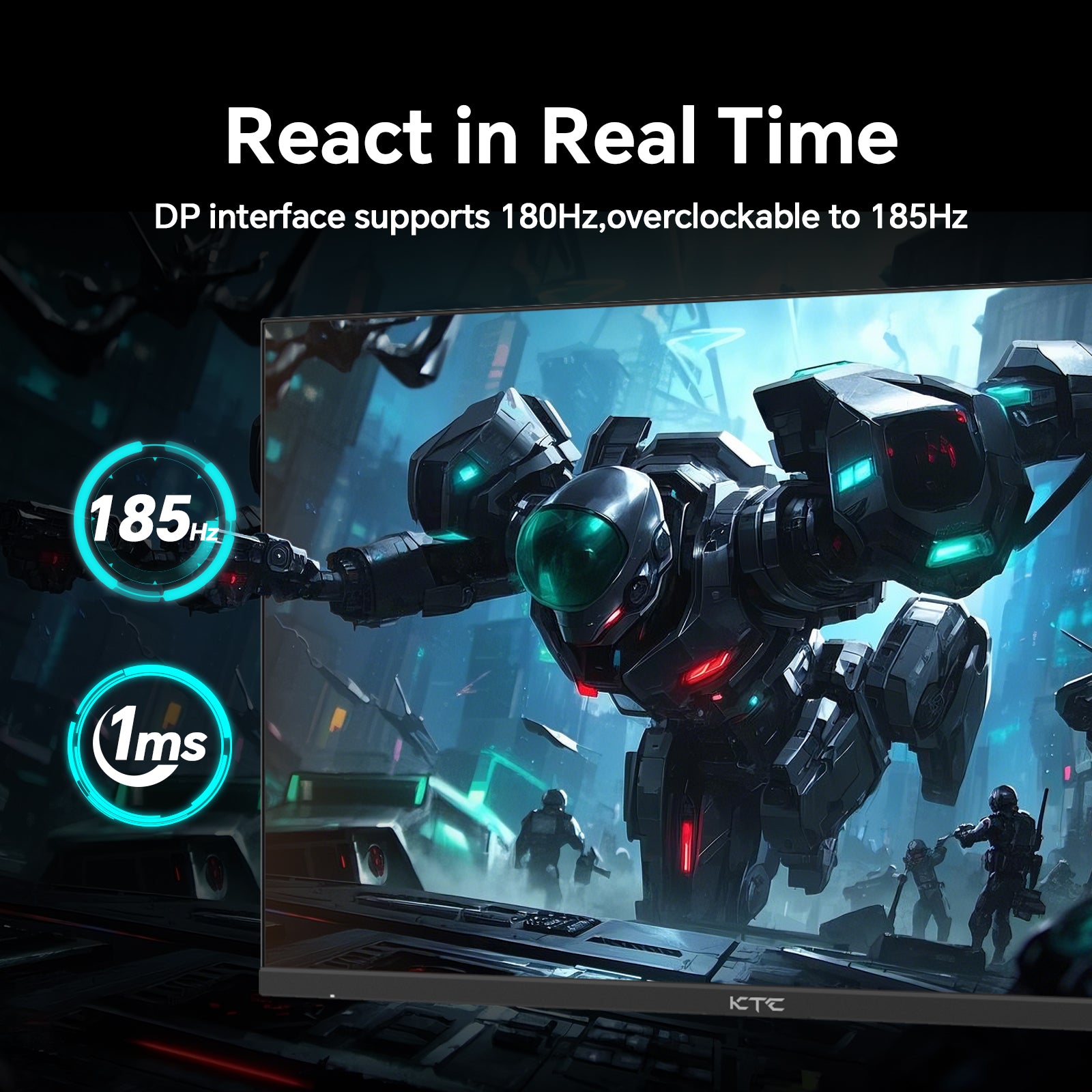 KTC 24" Gaming Monitor displaying 185Hz refresh rate and 1ms response time for esports players.