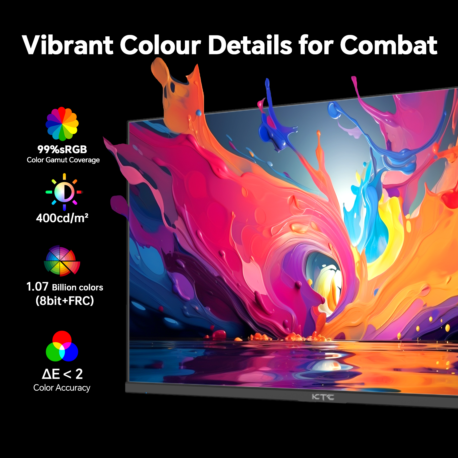 KTC 24" Gaming Monitor showcasing vivid visuals with 99% sRGB, 1.07 Billion colors, and exceptional color accuracy.