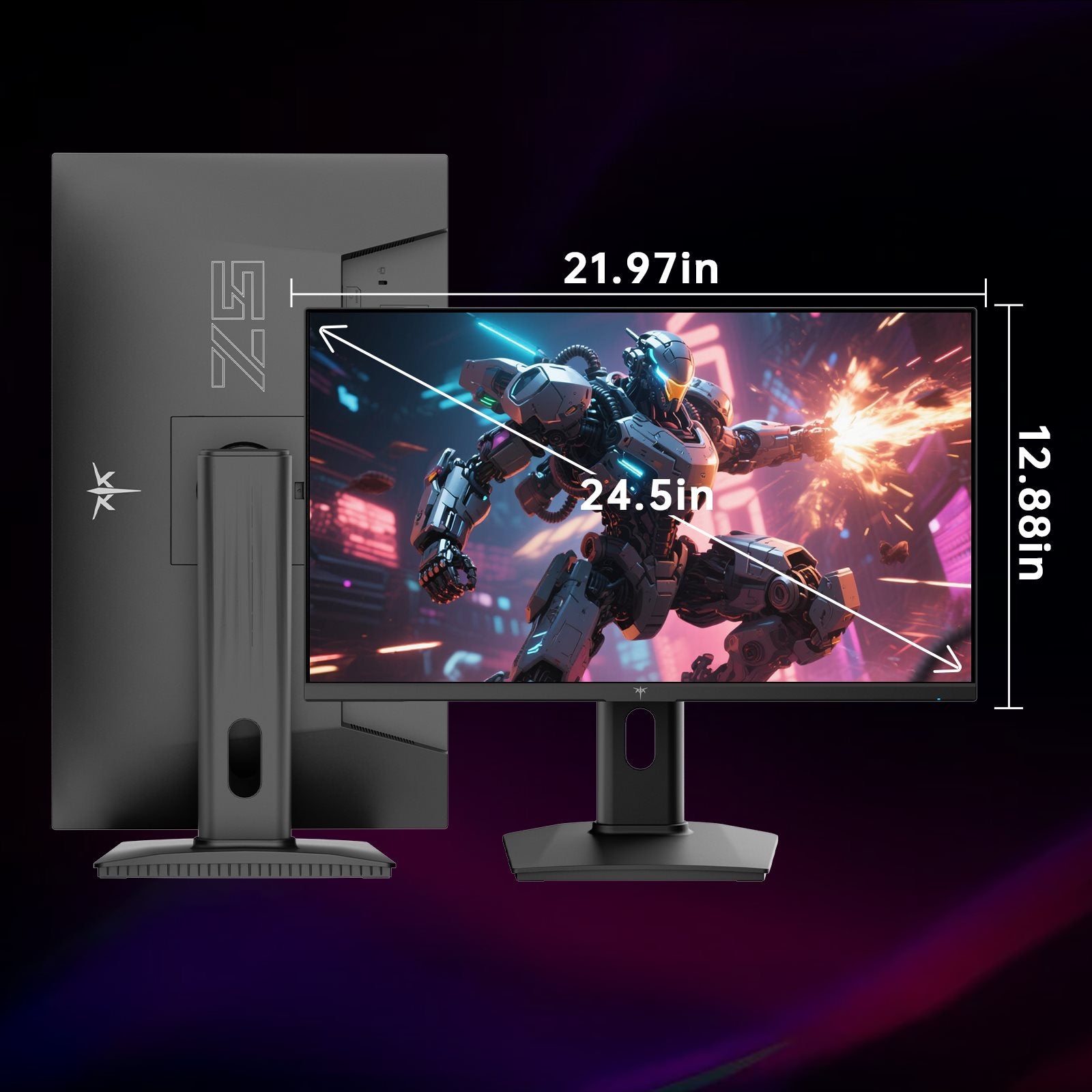 Gaming monitor with dimensions displayed on a dark background