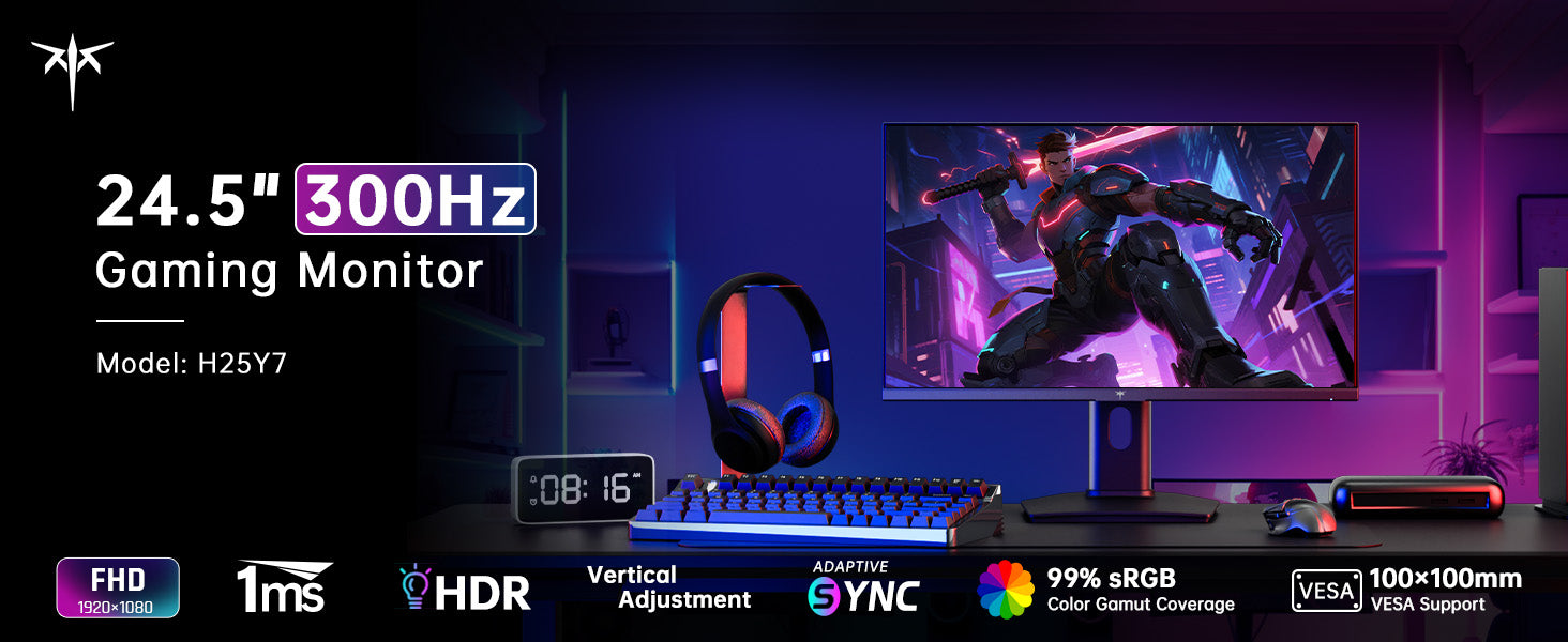 Gaming monitor with accessories on a dark background