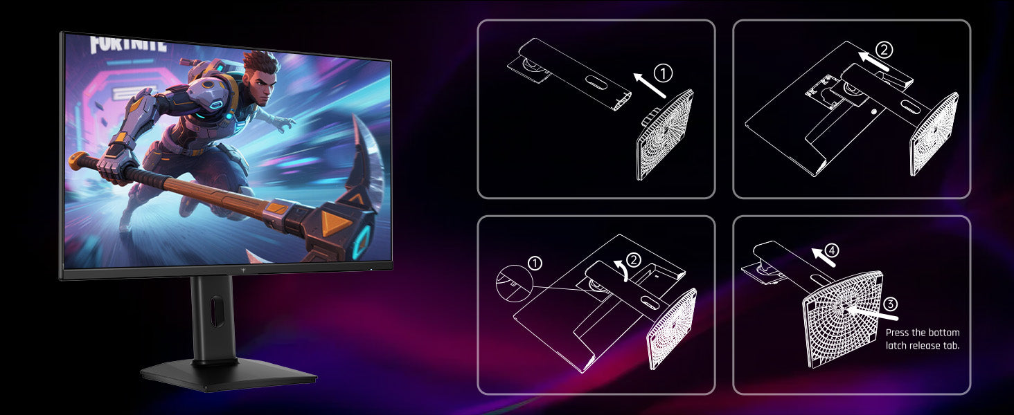 Gaming monitor with a character on screen and assembly instructions displayed.