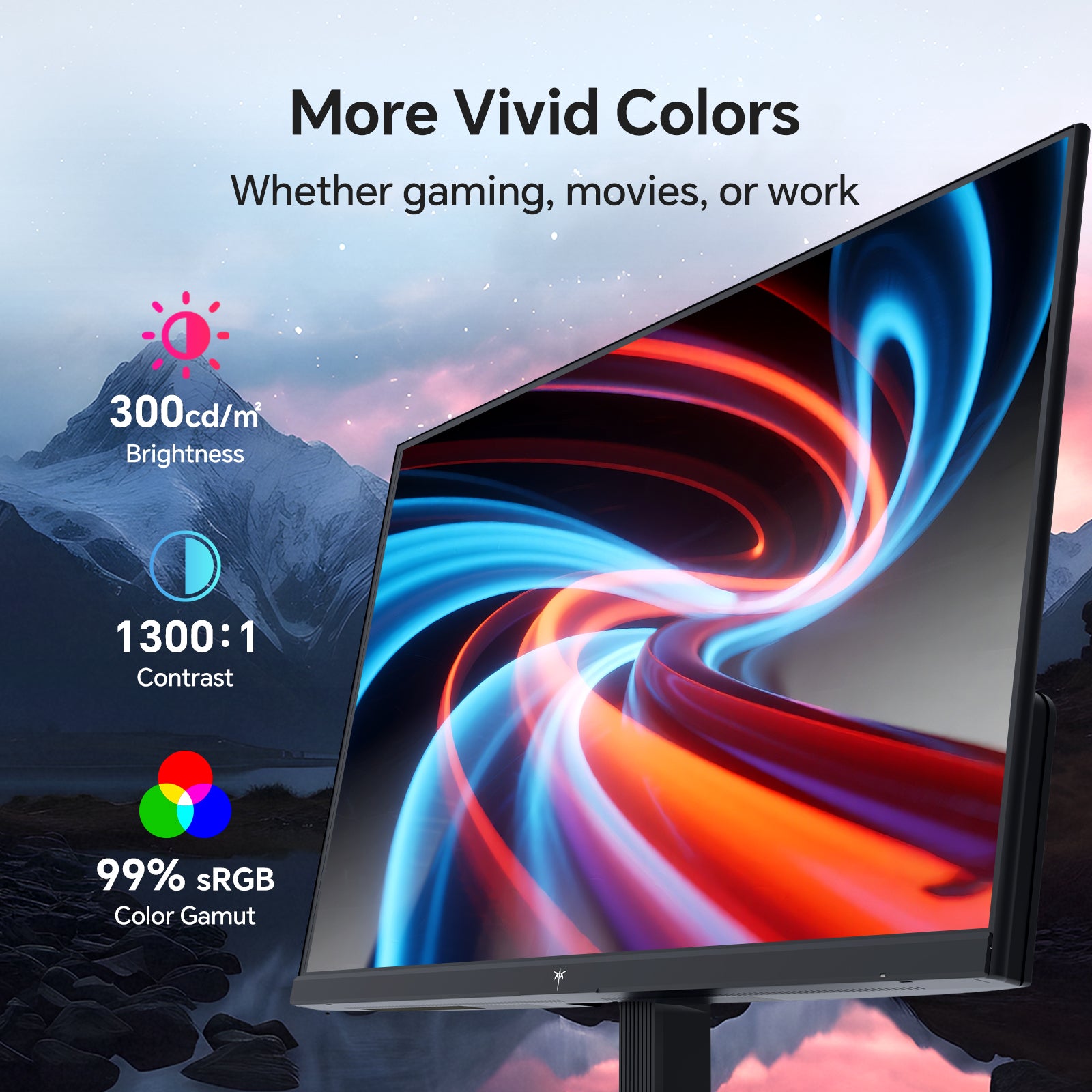 KTC 27" monitor: Vivid colors for gaming and work, featuring 300cd/m虏 brightness, 1300:1 contrast, and 99% sRGB.