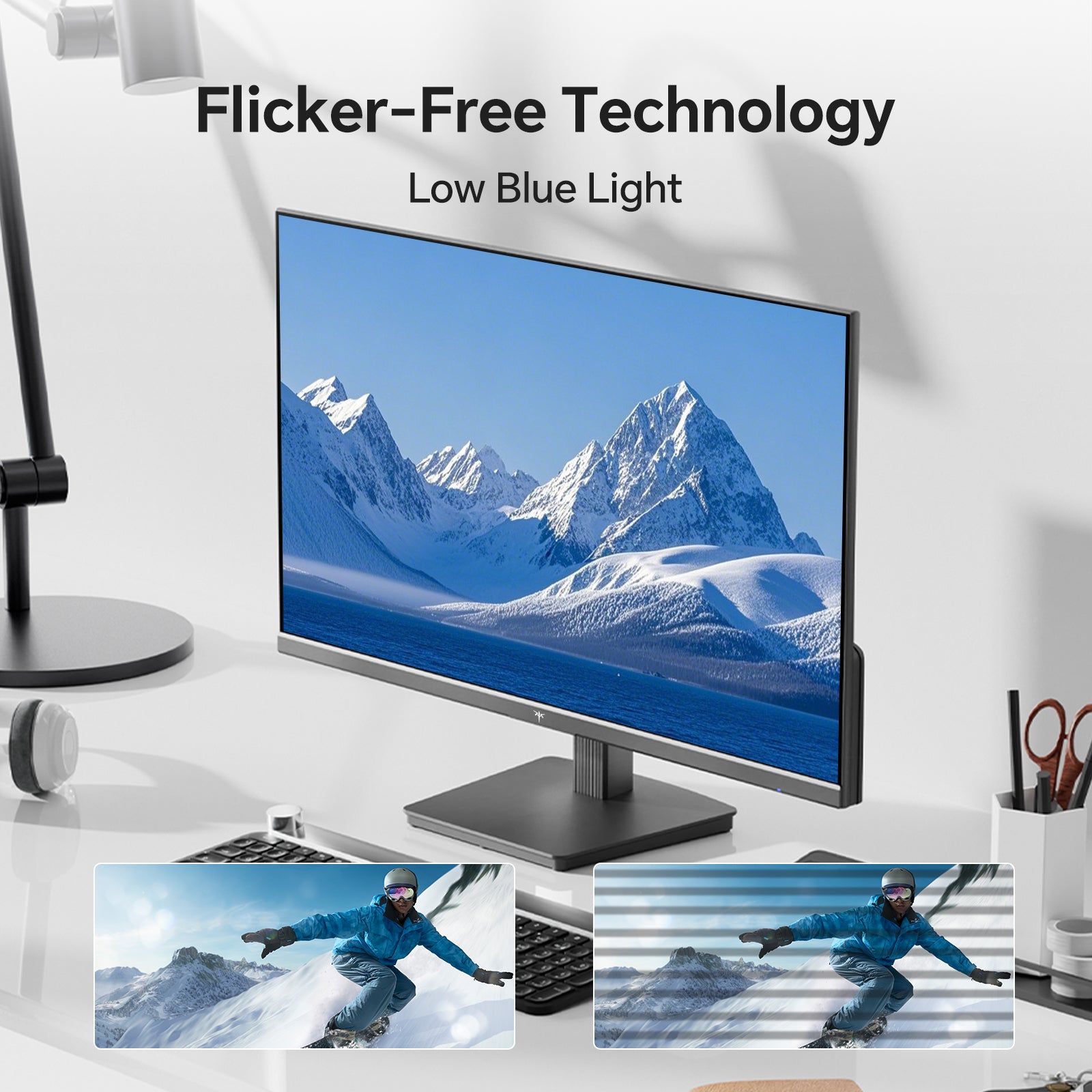KTC 27" office monitor with Flicker-Free and Low Blue Light technology, perfect for comfortable, long-term use and gaming