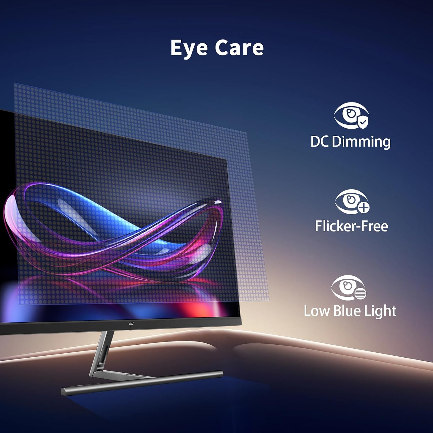 Computer monitor with eye care features on a dark background