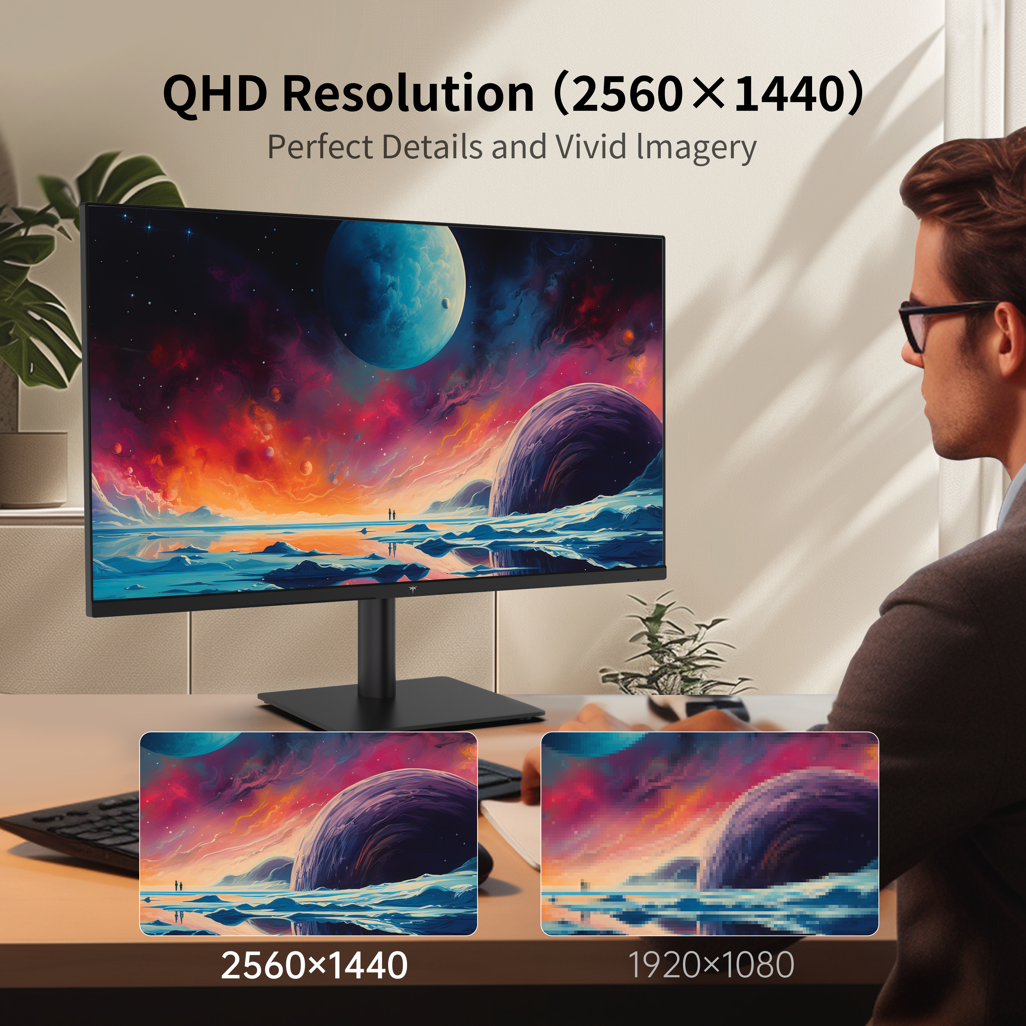 KTC 2K Monitor showcasing QHD resolution (2560x1440) with vivid imagery, ideal for home office and gaming.
