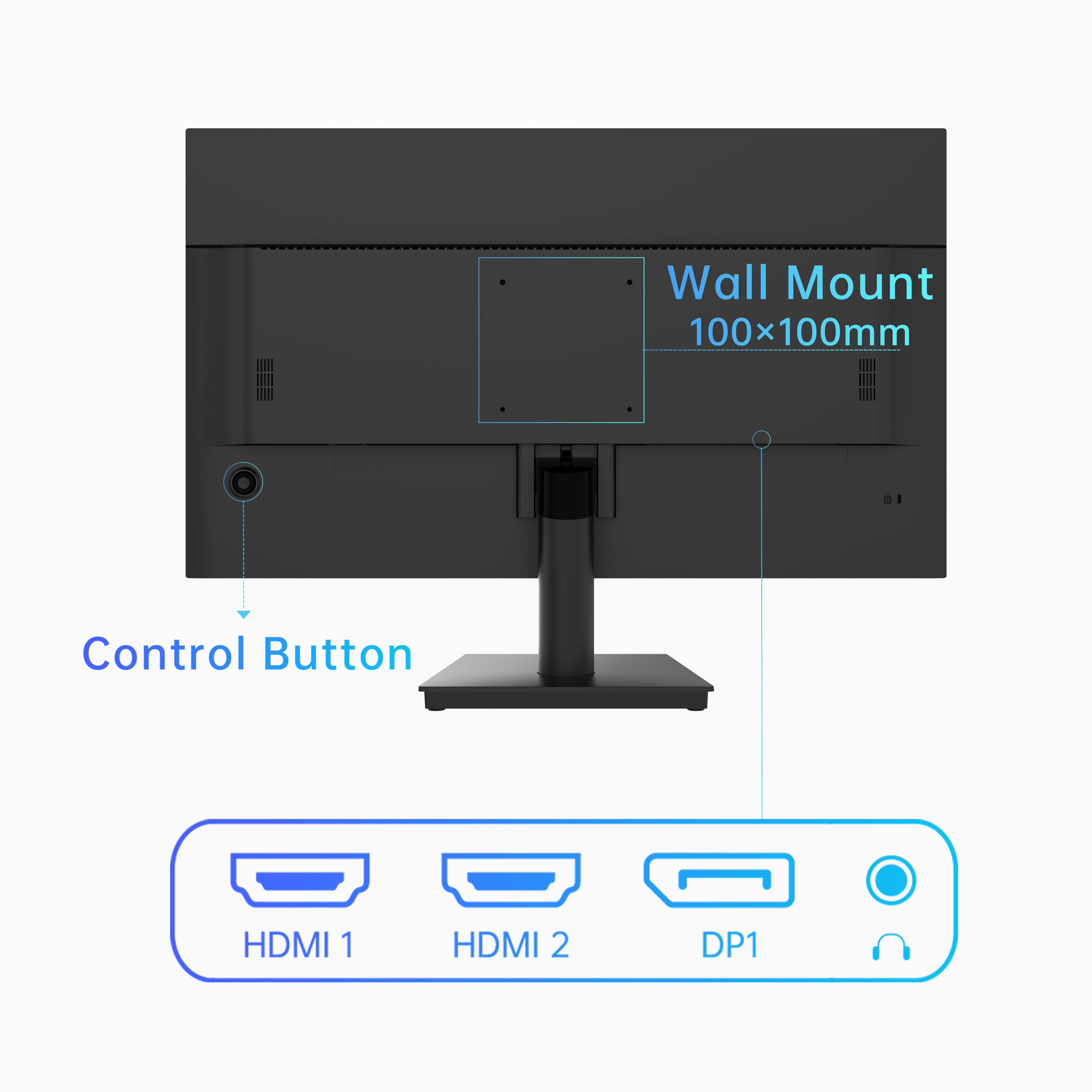 KTC monitor rear view with ports, wall mount, and control button for 2K gaming and work
