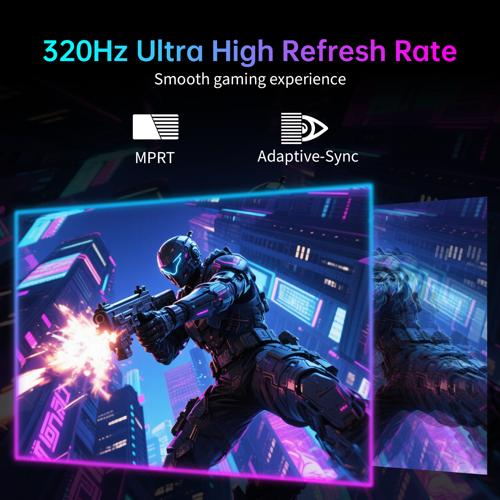 KTC gaming monitor showcasing 320Hz refresh rate with MPRT and Adaptive-Sync for smooth, immersive gaming visuals.