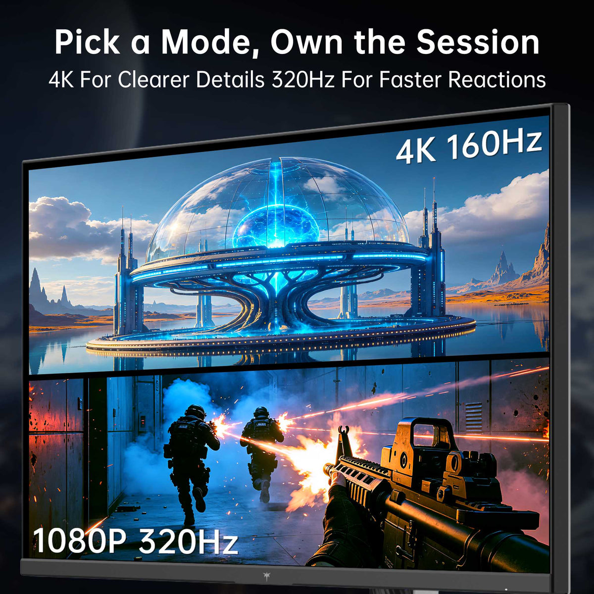 Gaming monitor split screen showing 4K 160Hz mode for detailed visuals vs 1080P 320Hz mode for fast FPS gaming