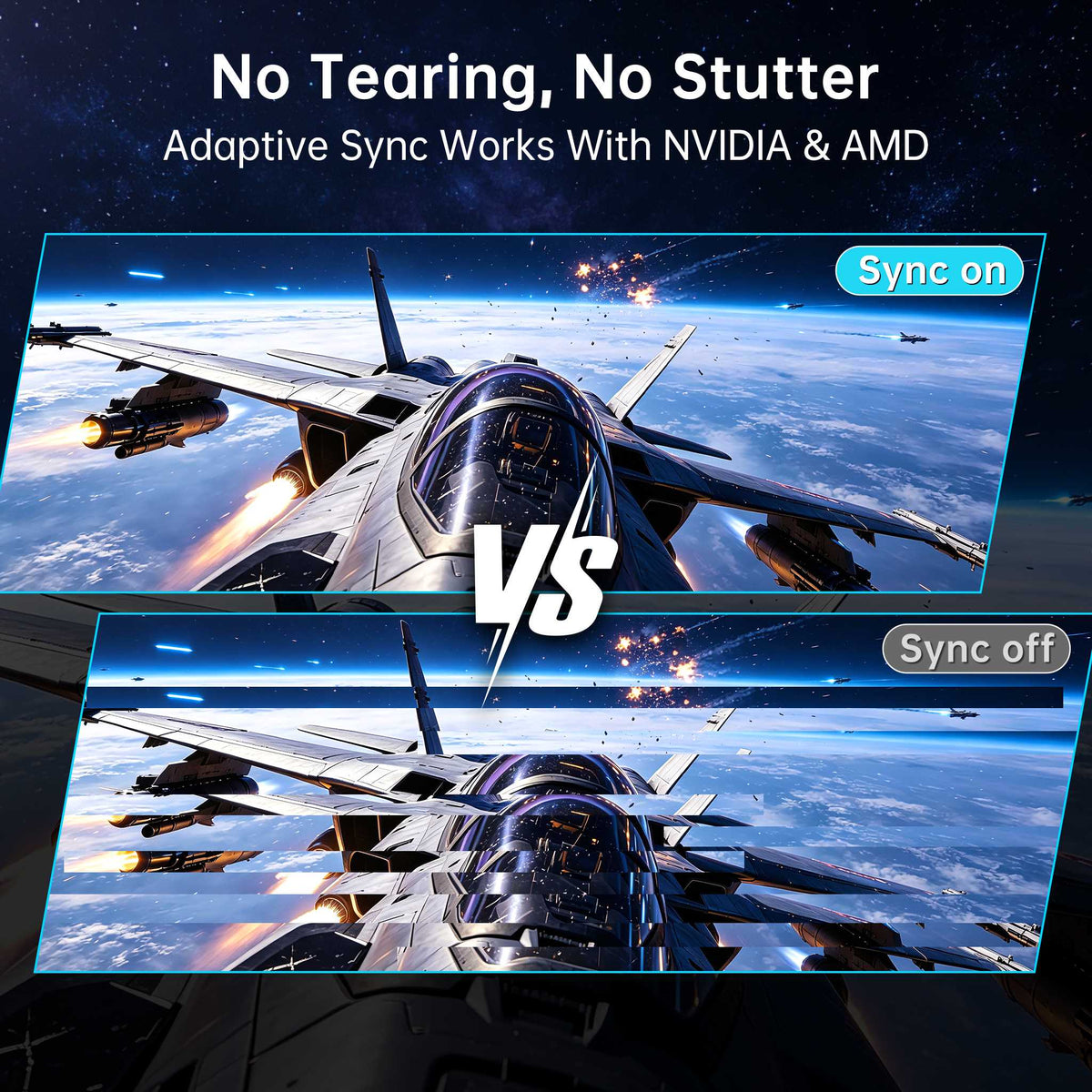 Gaming monitor Adaptive Sync split comparison showing clear fighter jet gameplay with Sync On vs screen tearing with Sync Off