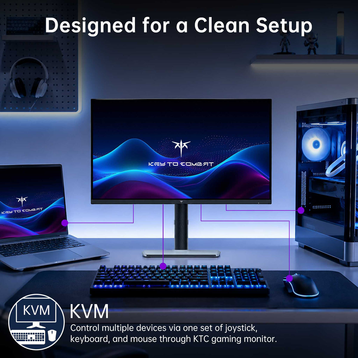 Clean gaming desk setup featuring 4K Mini LED monitor with KVM switch connecting a laptop and desktop PC