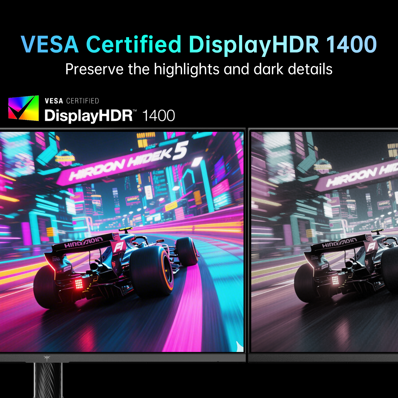 KTC Mini LED Monitor showcasing DisplayHDR 1400 with a vibrant racing game, enhancing details and contrast.