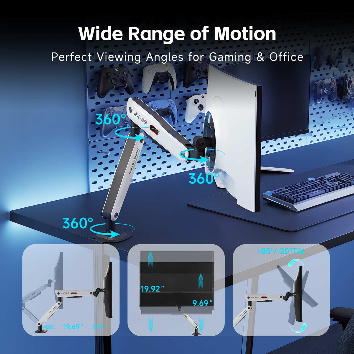 KTC Fully Adjustable Single Monitor Arm for 23.8"–42" Screens, Up to 19.8 lbs
