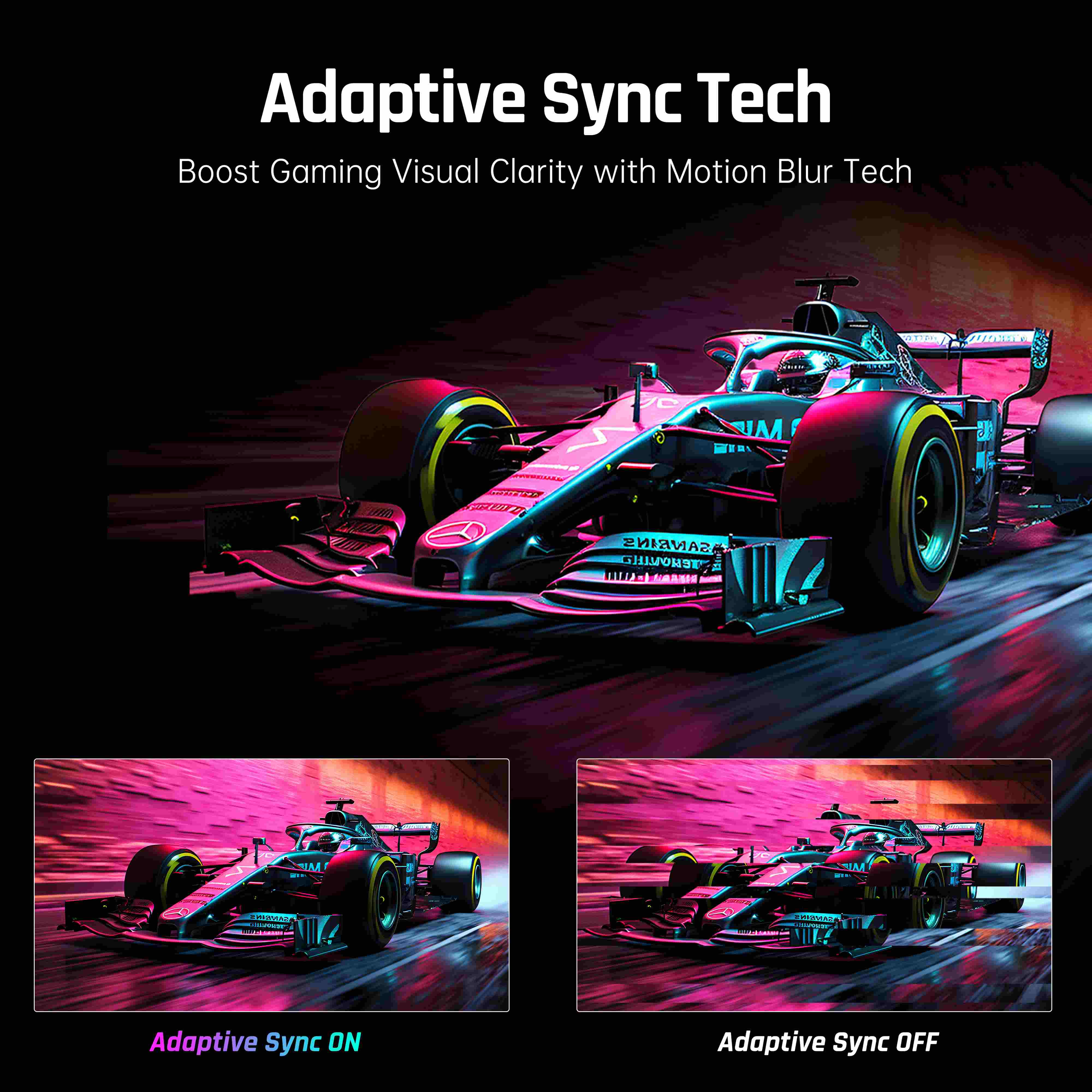 Futuristic racing car with Adaptive Sync Tech text and before/after comparison on a dark background