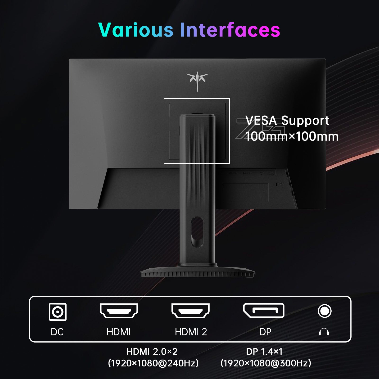 Back view of a monitor with VESA support and connectivity interfaces on a dark background