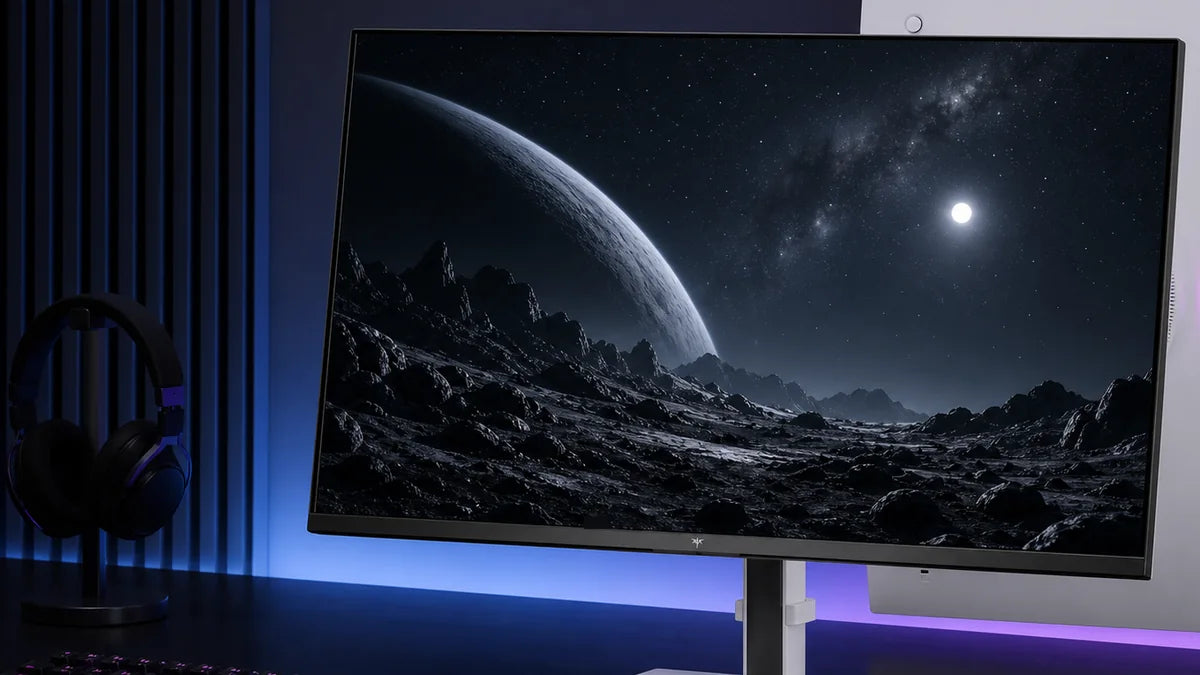 White Mini-LED gaming monitor showing a dark space scene with deep blacks