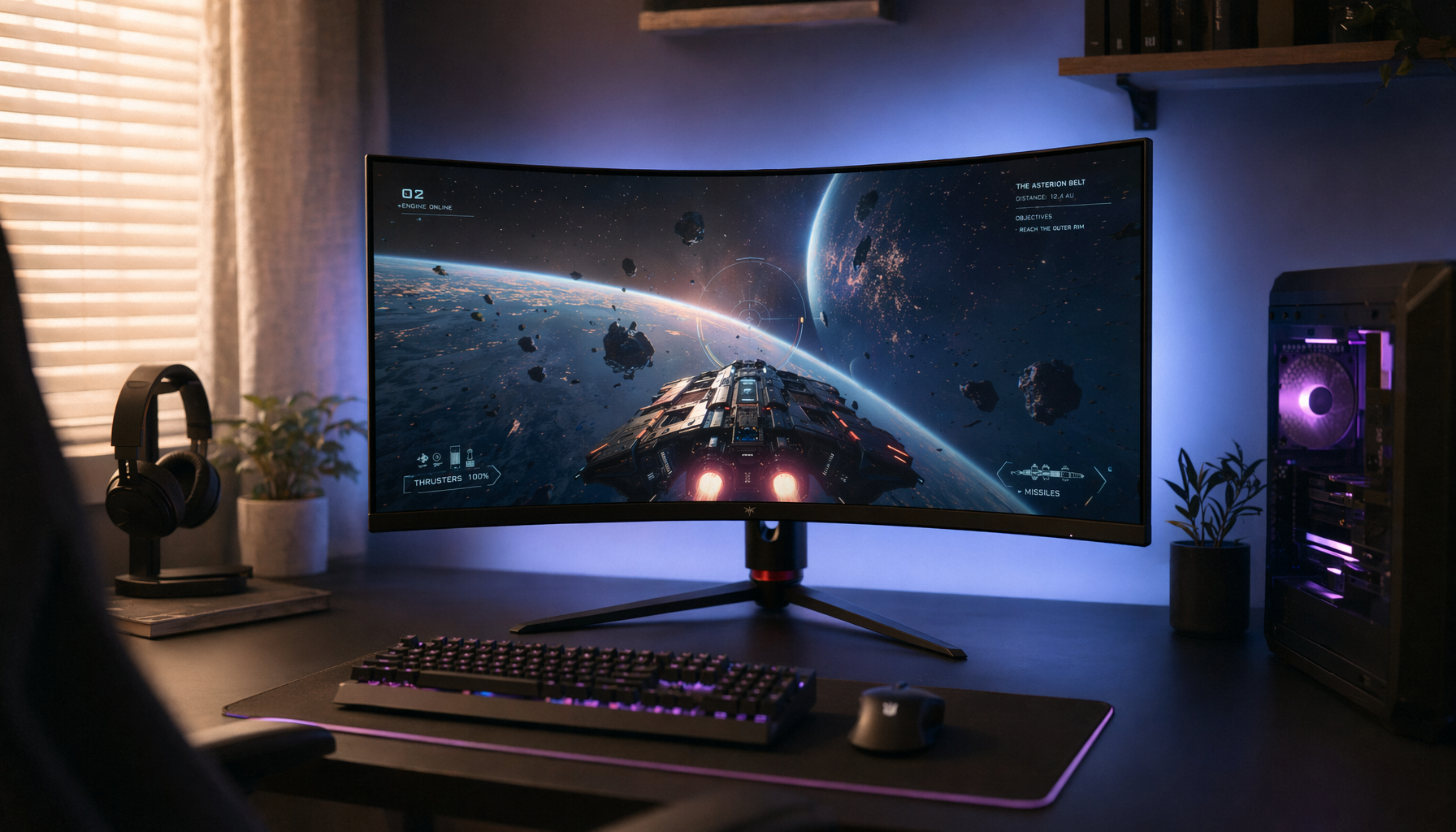 1000R curved gaming monitor on a clean desk at proper 33-inch viewing distance with cool ambient bias lighting